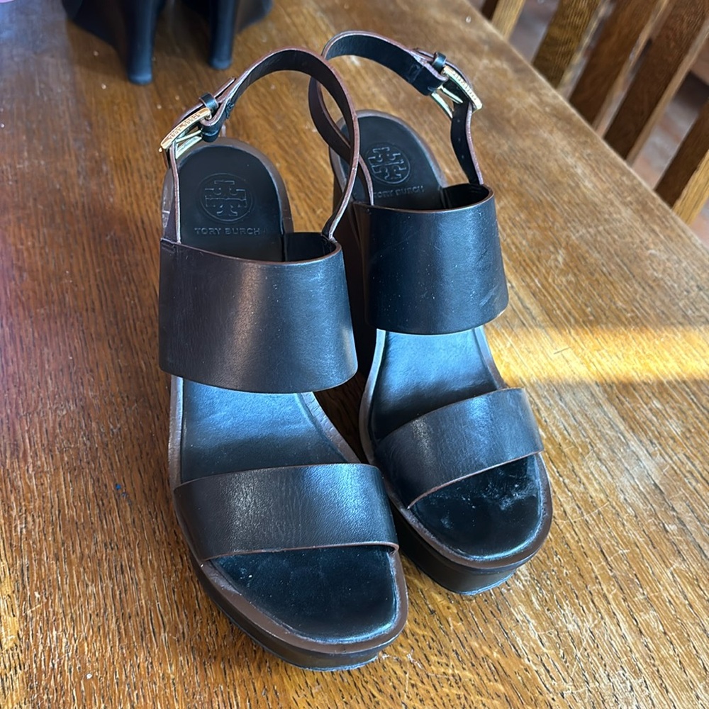 Tory Burch Black Leather Wedge Sandals